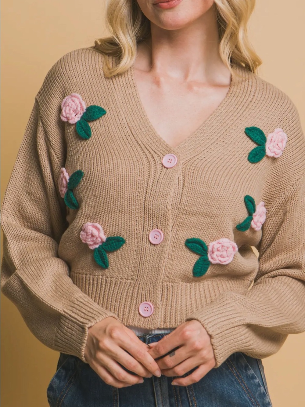Classic Beige Floral Appliqué V-Neck Cardigan Sweater